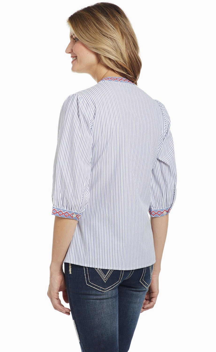 Practical Choice Cowgirl Up Womens White/Blue Cotton Blend Floral Blouson Blouse S/S