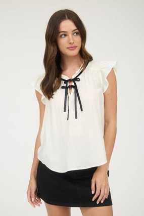 AntiPillingFinish Structured Shoulder Georgia Contrast Front Tie Detail Short Sleeve Blouse