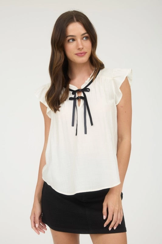 Relaxed Sweatshirt Georgia Contrast Front Tie Detail Short Sleeve Blouse