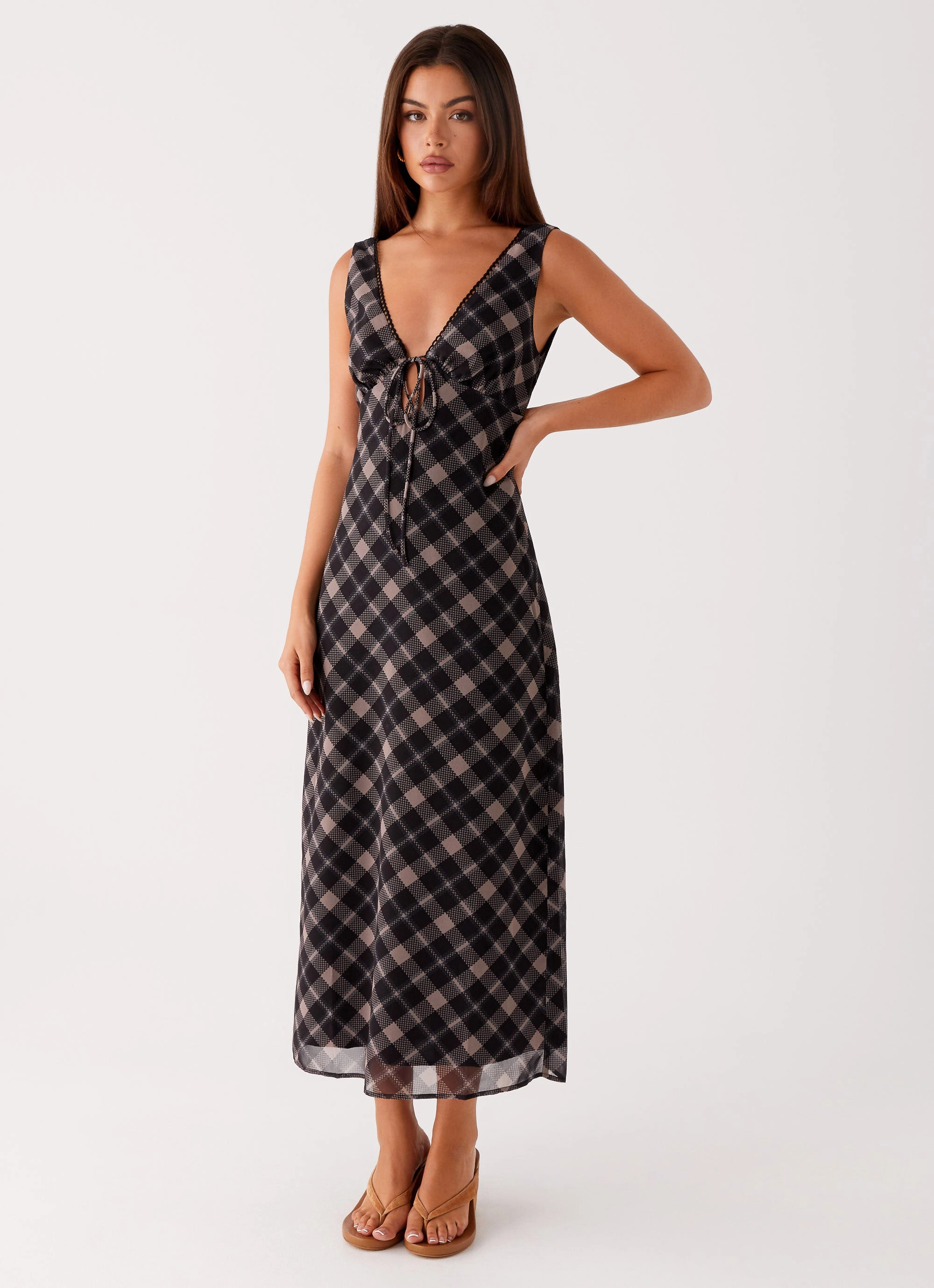Refined Aesthetic Gianna Midi Dress - Taupe Check