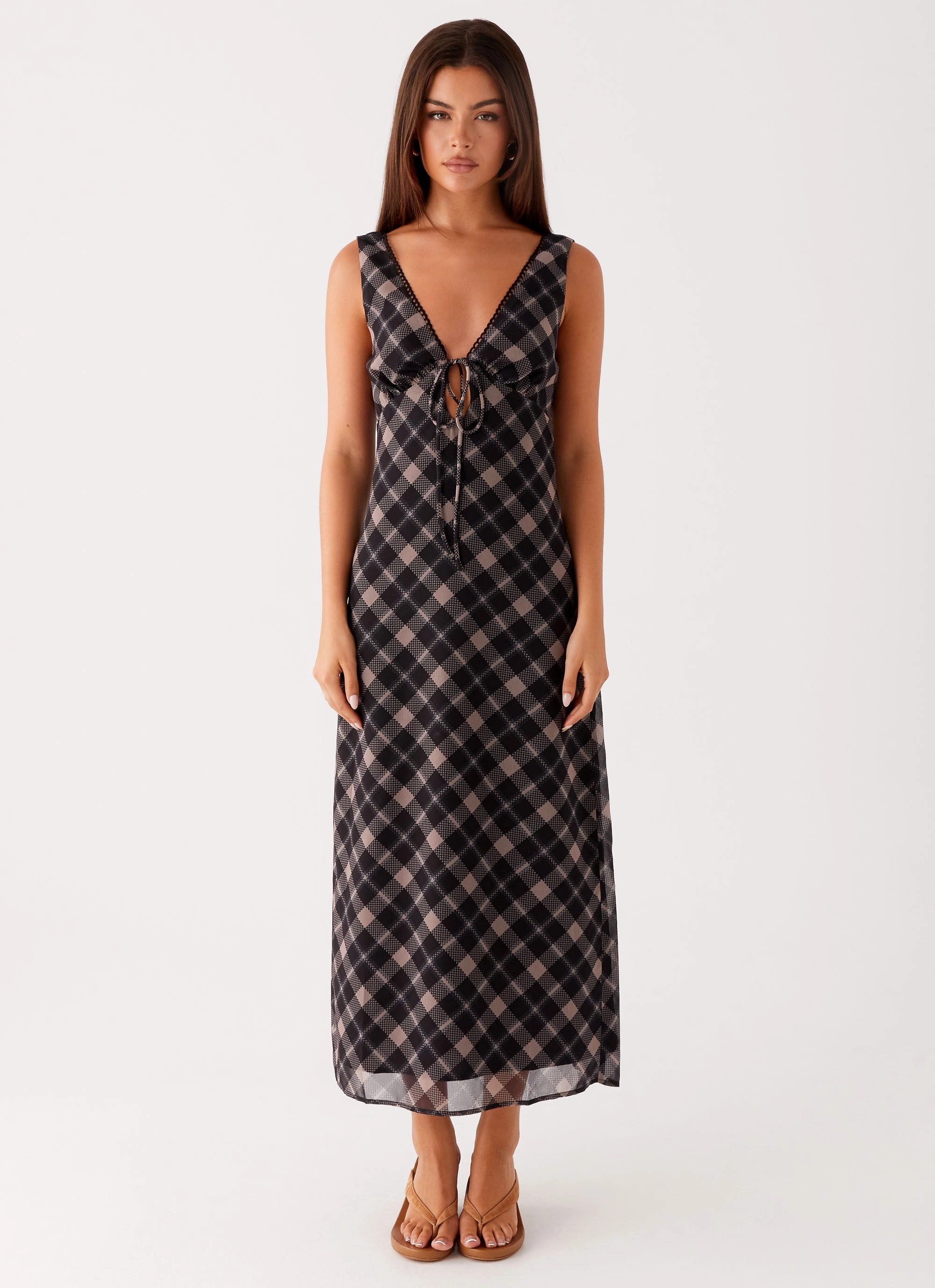 Layered Look Gianna Midi Dress - Taupe Check