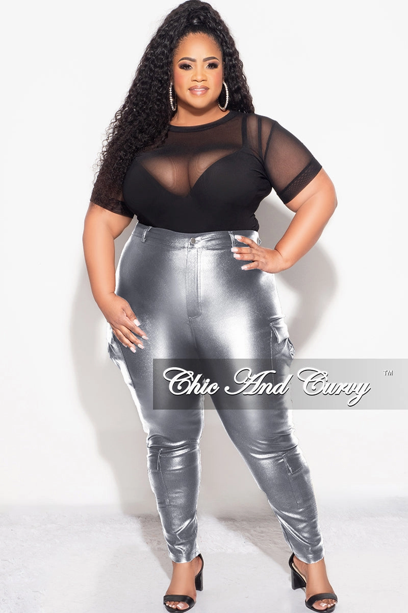 Final Sale Plus Size Slim Cargo Pants in Metallic Silver Reflective details Stretch Layer Fit
