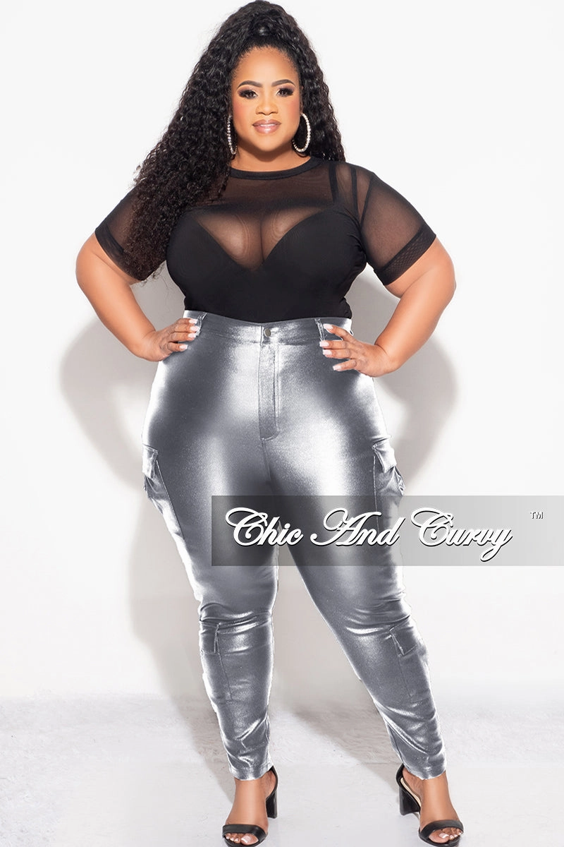 Classic Fit Final Sale Plus Size Slim Cargo Pants in Metallic Silver