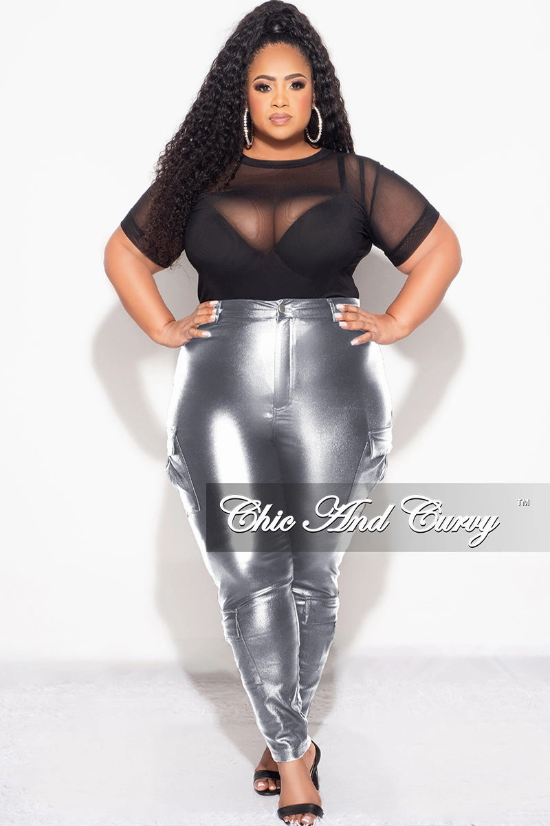 Perfect Look Final Sale Plus Size Slim Cargo Pants in Metallic Silver