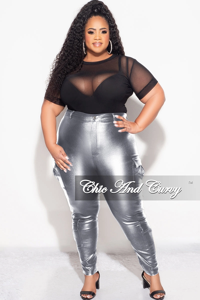 Final Sale Plus Size Slim Cargo Pants in Metallic Silver No Iron