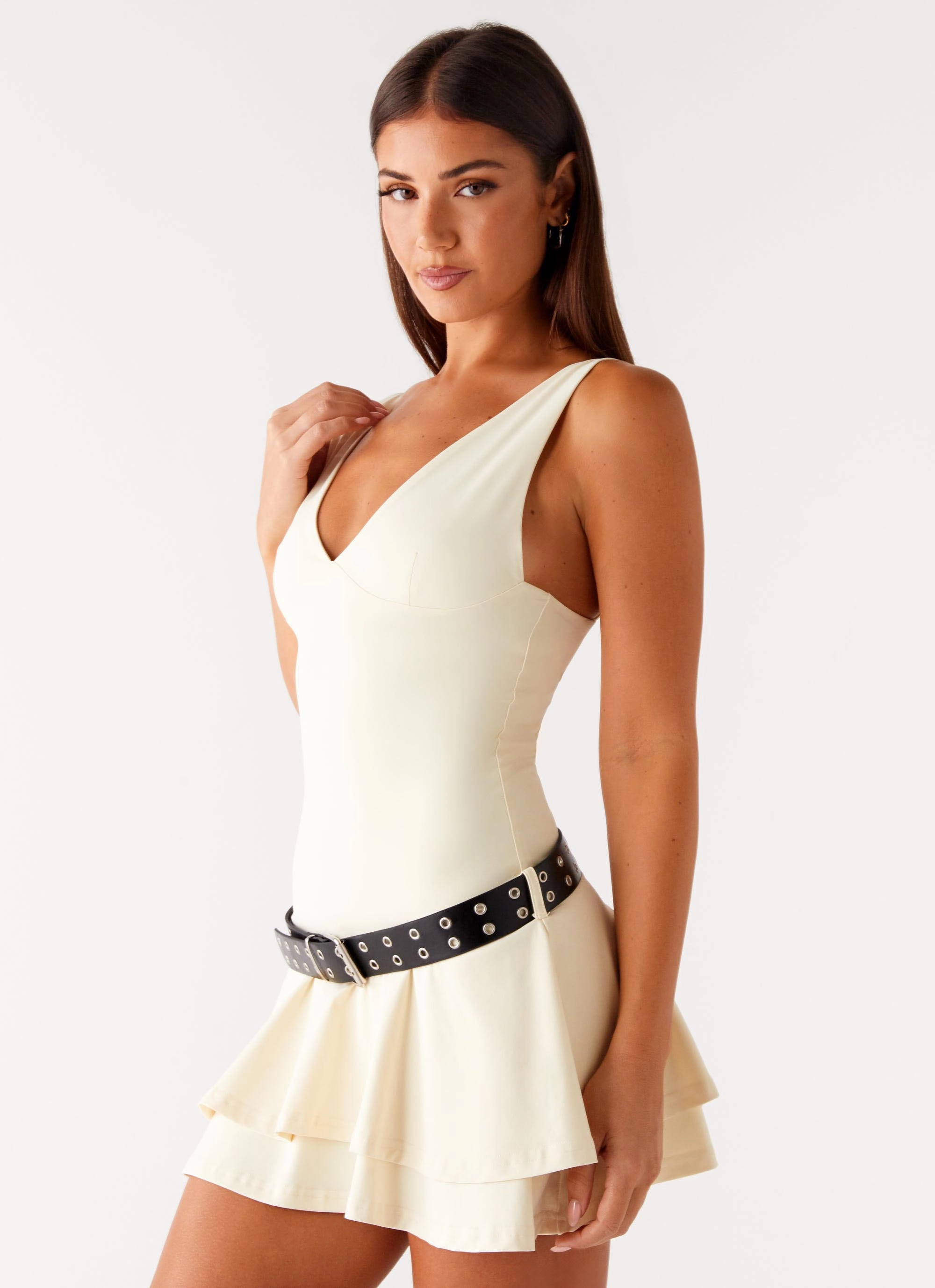 Gold Coast Mini Dress - Yellow Unique Print Scalloped-Edge