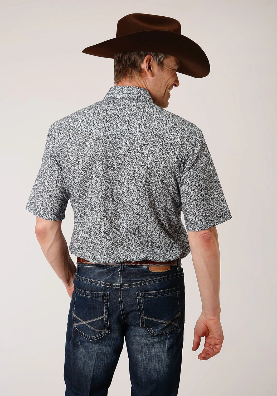 Roper Mens Navy/Cream Cotton Blend Floral S/S Shirt Ergonomic Back Panel Loose style