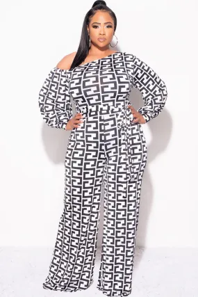 Minimal Vibe Final Sale Plus Size One Sleeve Jumpsuit in White and Black Maze Print