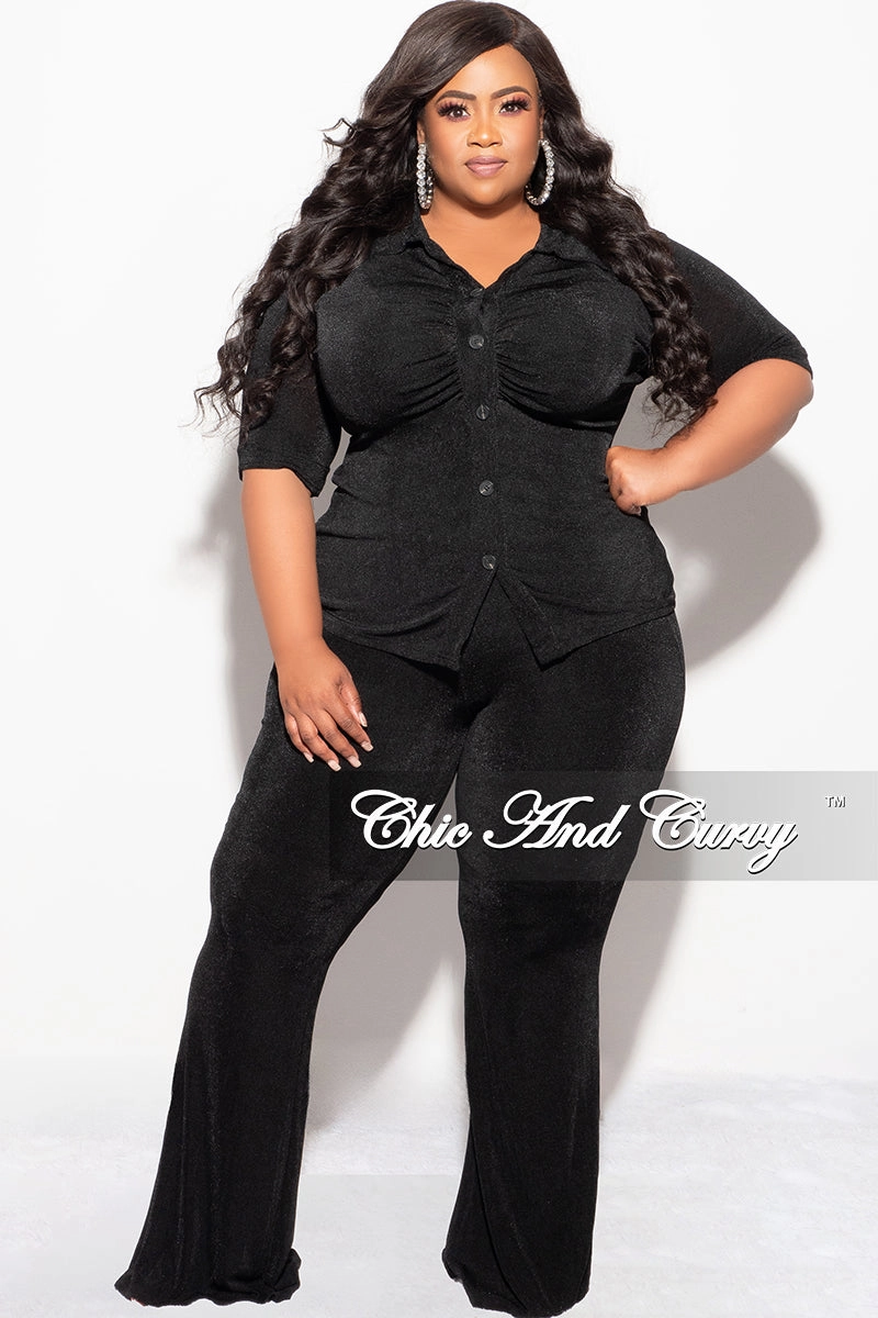Final Sale Plus Size 2pc Slinky Button Up Collar Short Sleeve Top and Pants Set in Black Tear Resistant Fabric Stretch Ready