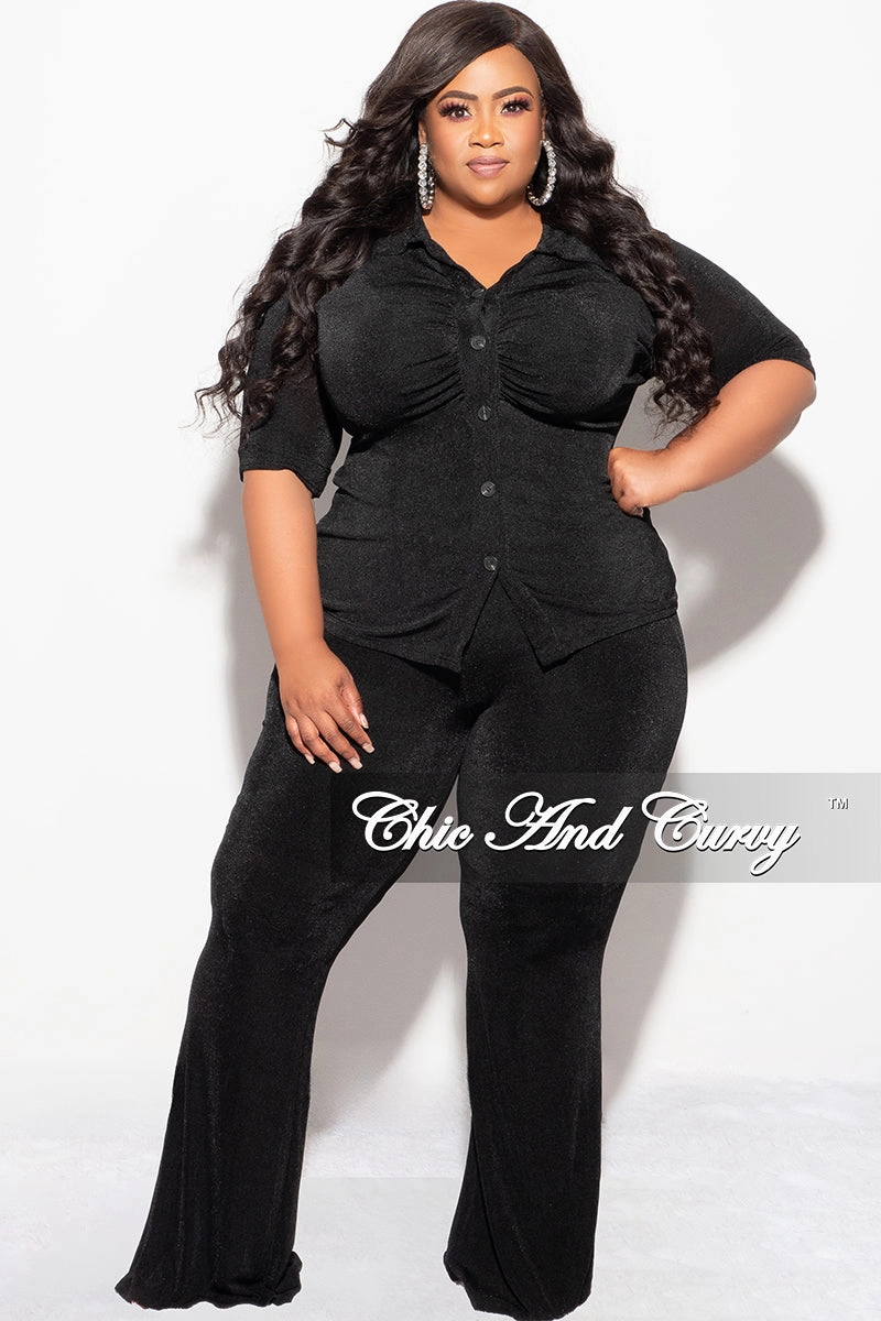 Final Sale Plus Size 2pc Slinky Button Up Collar Short Sleeve Top and Pants Set in Black ThermalInsulation Clean Finish
