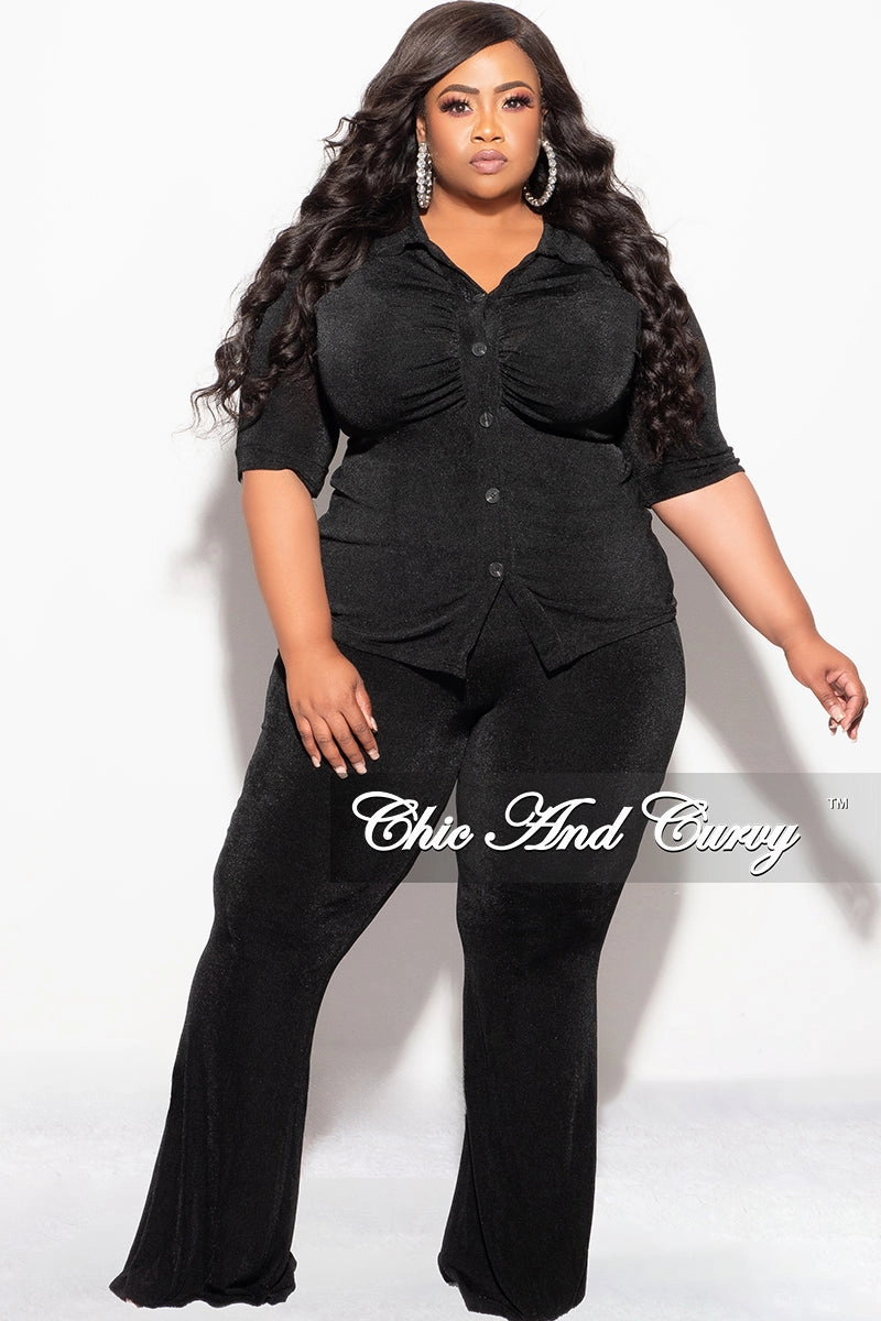 Final Sale Plus Size 2pc Slinky Button Up Collar Short Sleeve Top and Pants Set in Black Stretch Movement