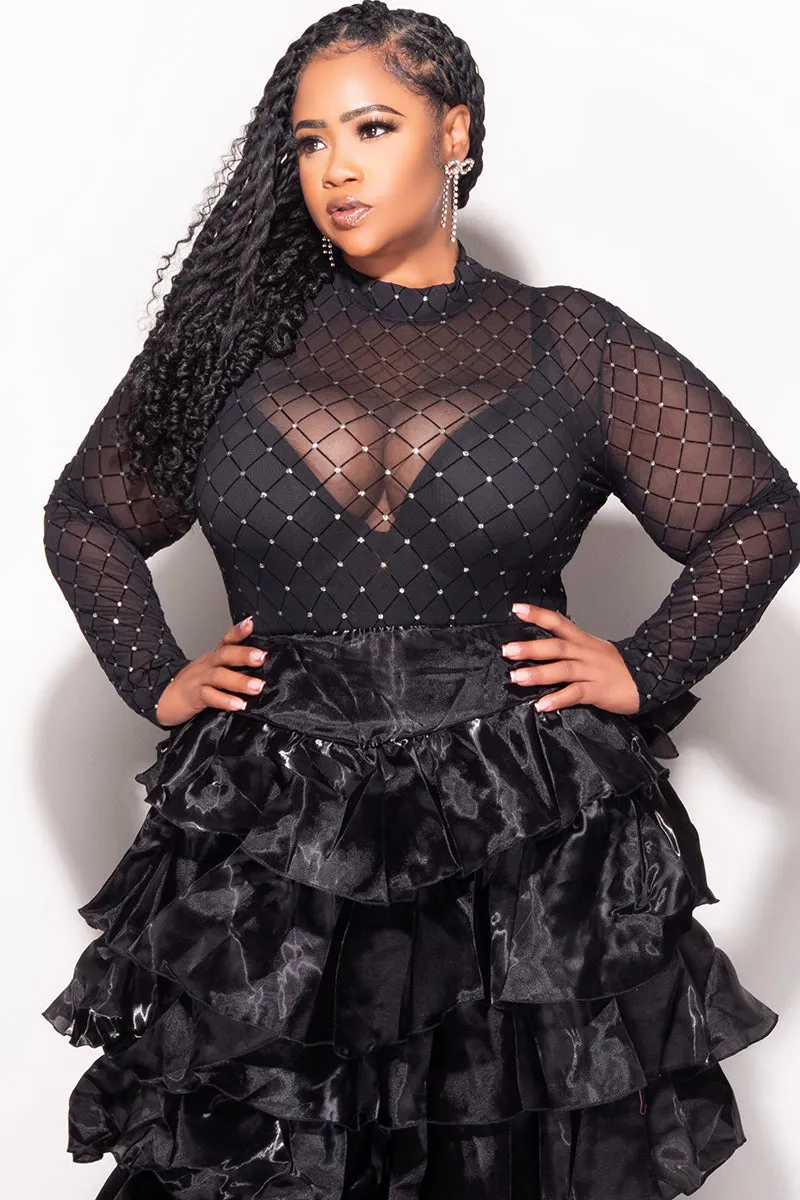Final Sale Plus Size Bodysuit in Black with Diamond Pattern with Silver Bling Active Fit Freedom Move