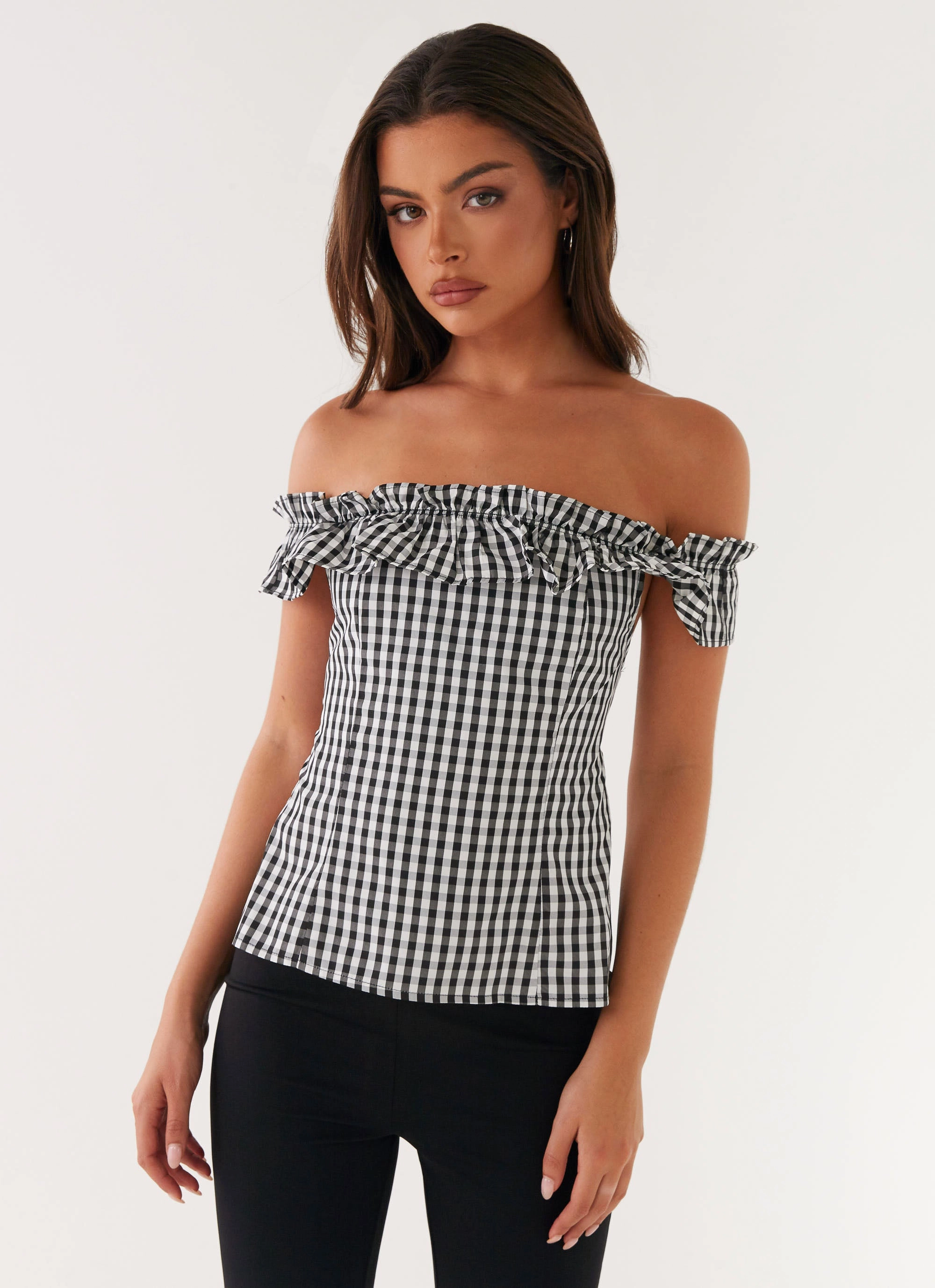 Quick Release Fastener Stretch Knit Material Gwyneth Top - Black Gingham