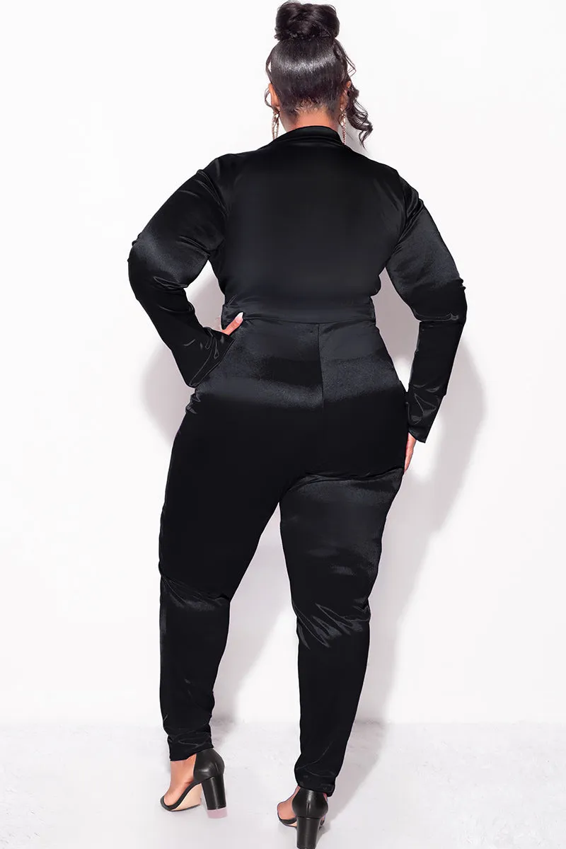 Final Sale Plus Size 2-Piece Satin Collared Faux Wrap Bodysuit and Pants Set in Black Chilly Weather Easy Pack