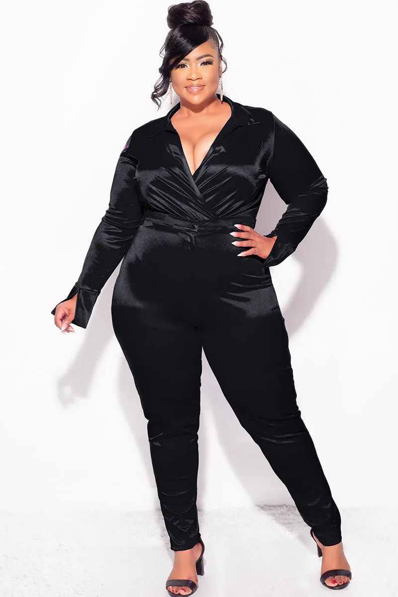 Final Sale Plus Size 2-Piece Satin Collared Faux Wrap Bodysuit and Pants Set in Black Perfectly Relaxed Breathable wear