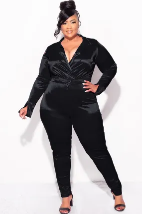 Final Sale Plus Size 2-Piece Satin Collared Faux Wrap Bodysuit and Pants Set in Black Perfectly Relaxed Breathable wear