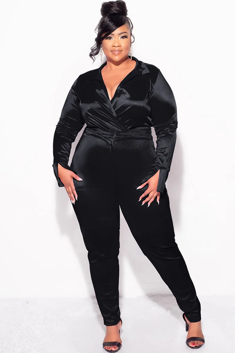 Adaptable Fit Cozy Fit Final Sale Plus Size 2-Piece Satin Collared Faux Wrap Bodysuit and Pants Set in Black