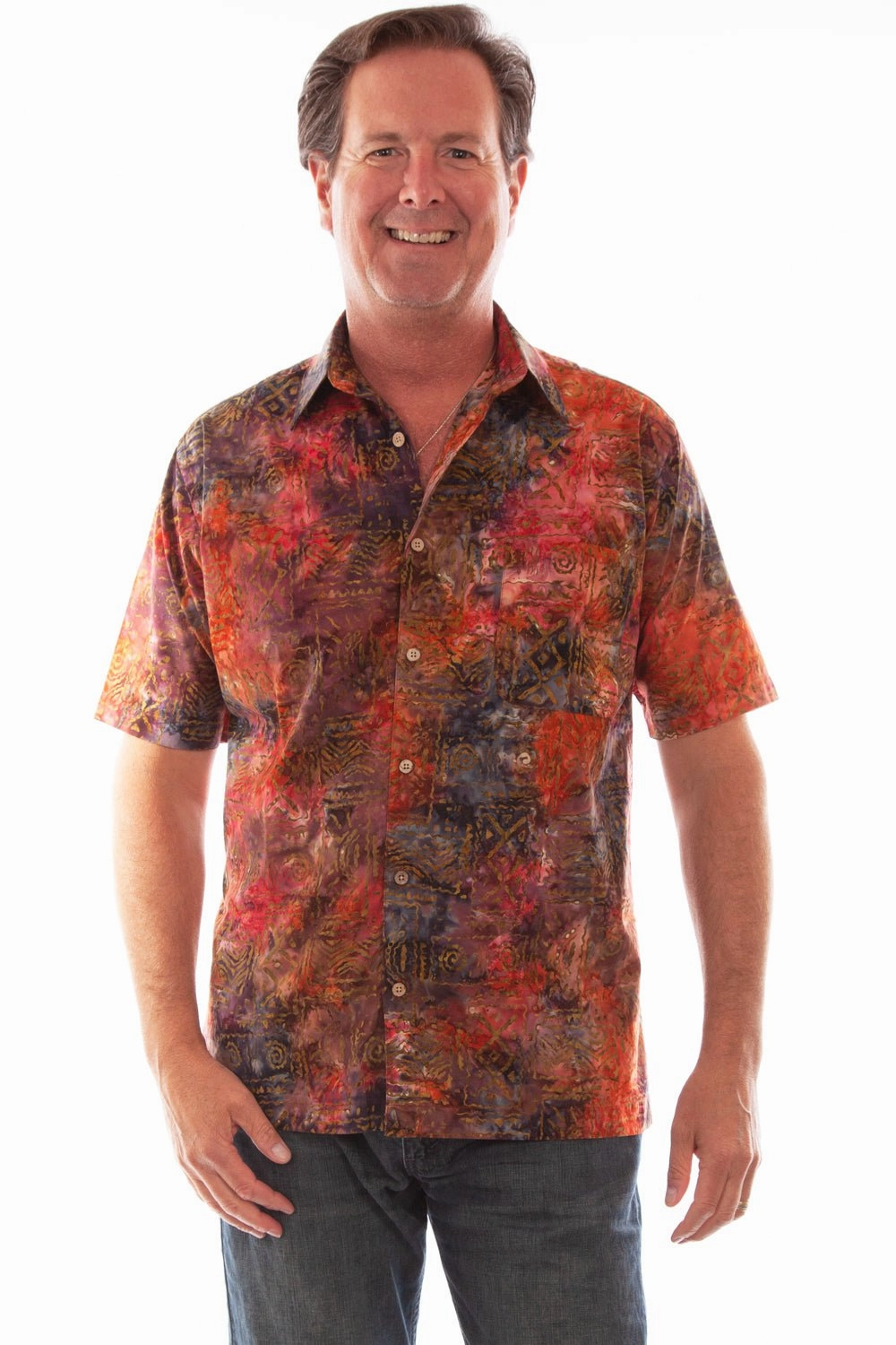 First Date Travel Essential Scully Mens Fall Color Batik Currant 100% Cotton S/S Shirt