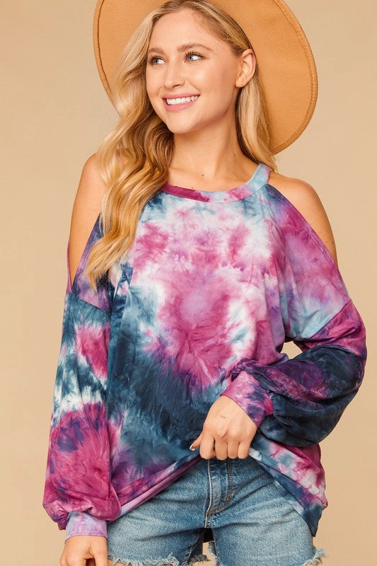 MoistureWicking Fabric Heidi Tie Dye Bubble Sleeve Cold Shoulder Top
