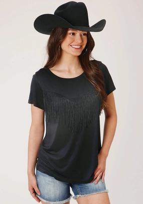 Fitted Cut Holiday Special Roper Womens Black Poly/Rayon Fringe Knit S/S T-Shirt