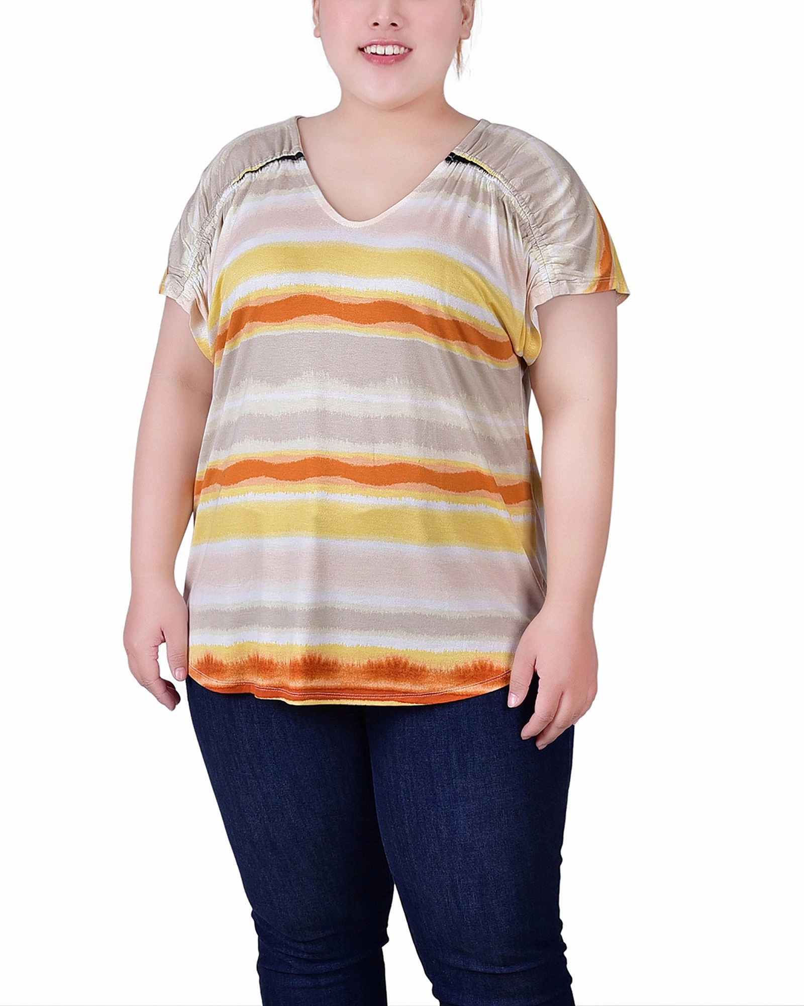 Anti Pill Finish Plus Size Short Sleeve Striped V Neck Top