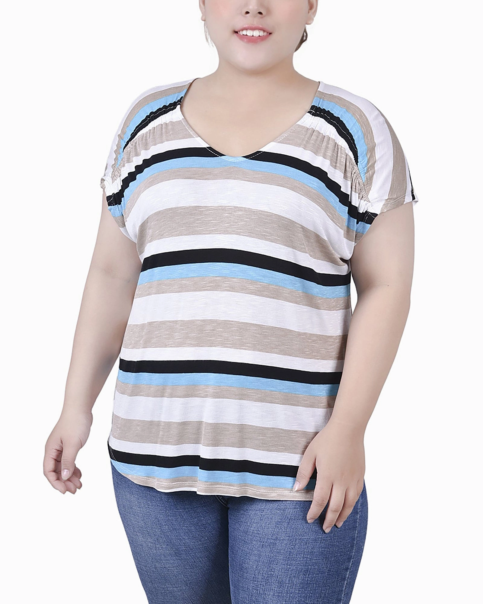Plus Size Short Sleeve Striped V Neck Top DroppedShoulder Active Look