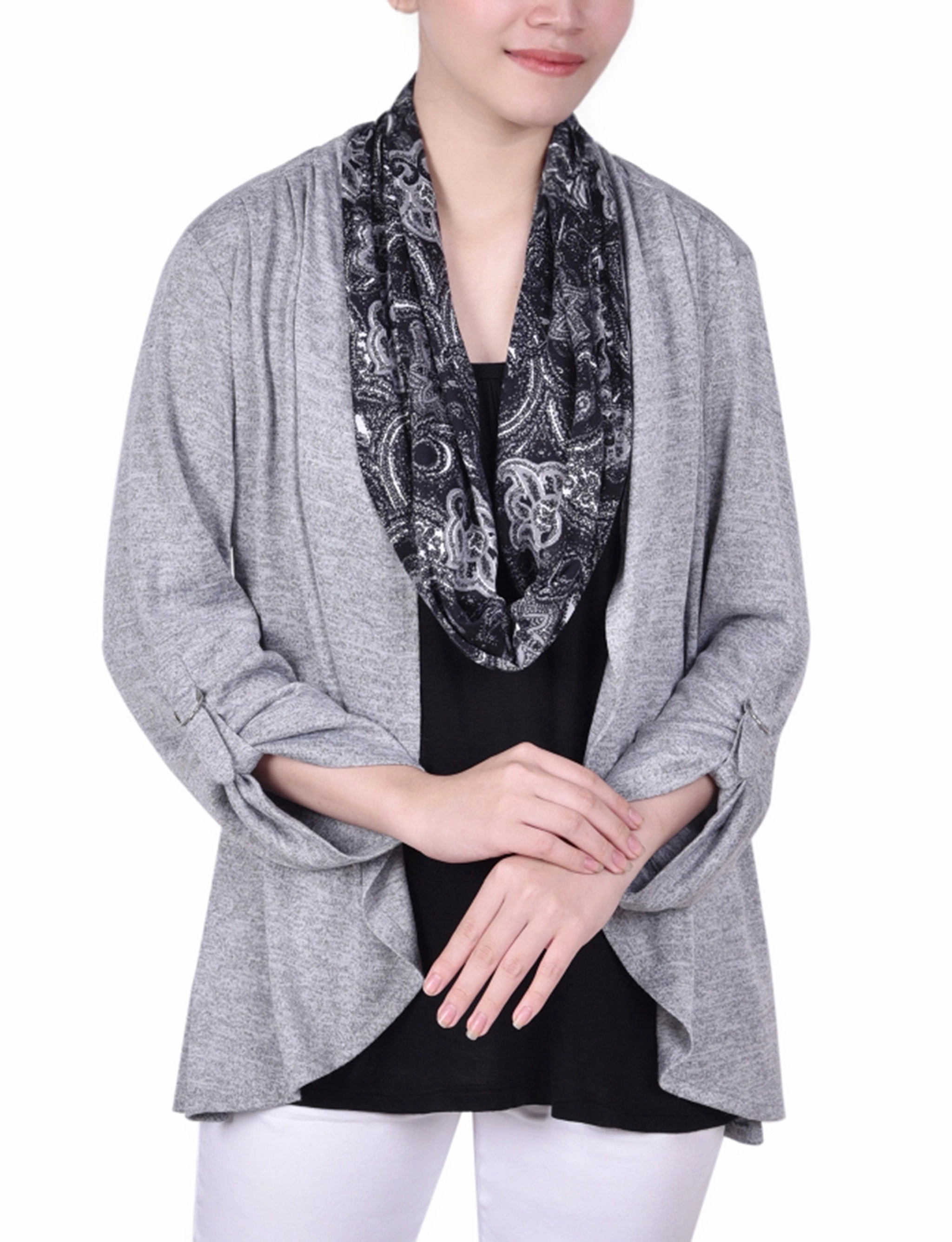 MultiFunctionalPockets TurtleneckDesign Petite 3/4 Roll Sleeve 3Fer Top With Detachable Scarf