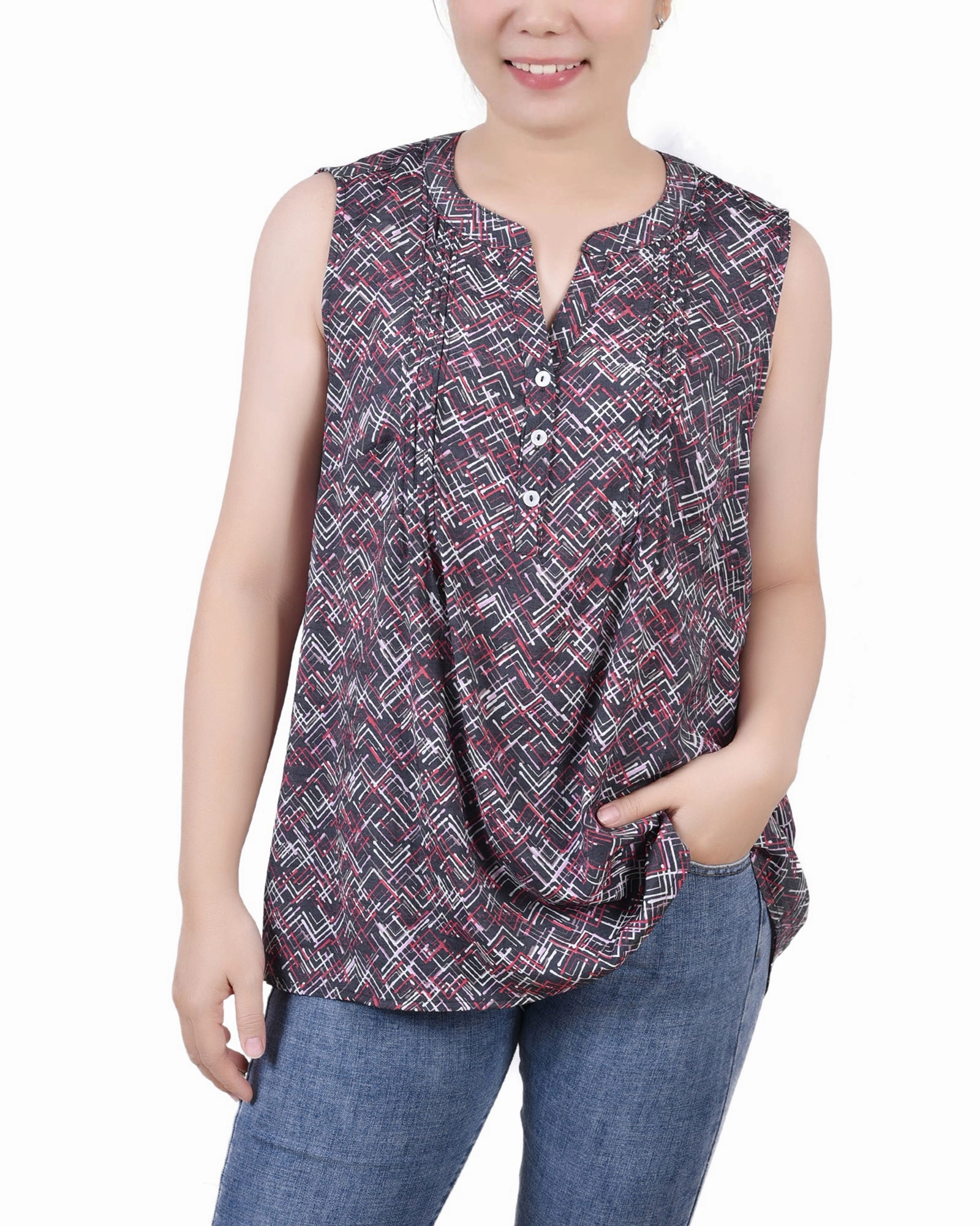 Built In Filter Layer Sleeveless Pintucked Blouse