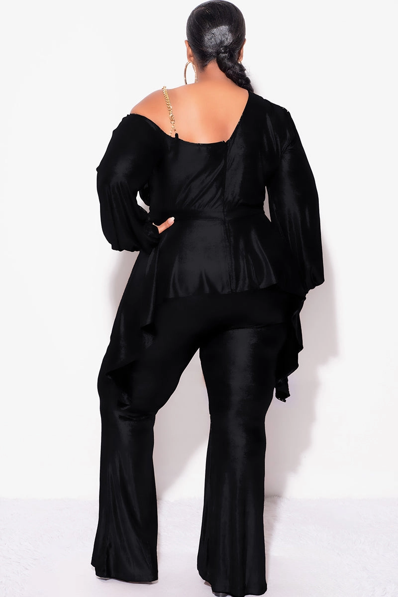 Final Sale Plus Size Cold Shoulder with Gold Chain & Asymmetrical Ruffle Peplum Jumpsuit in Black Thermal Regulation Technology standard fit