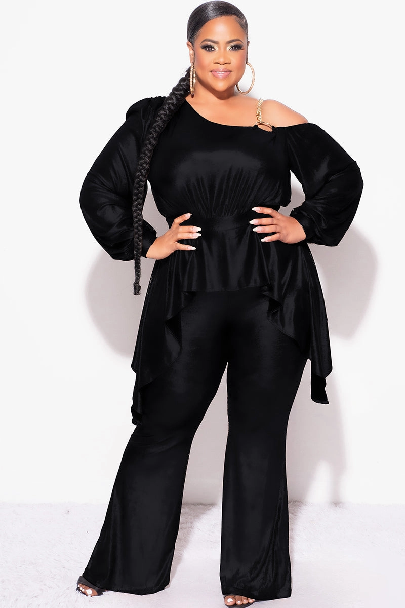 Final Sale Plus Size Cold Shoulder with Gold Chain & Asymmetrical Ruffle Peplum Jumpsuit in Black Boat neck style