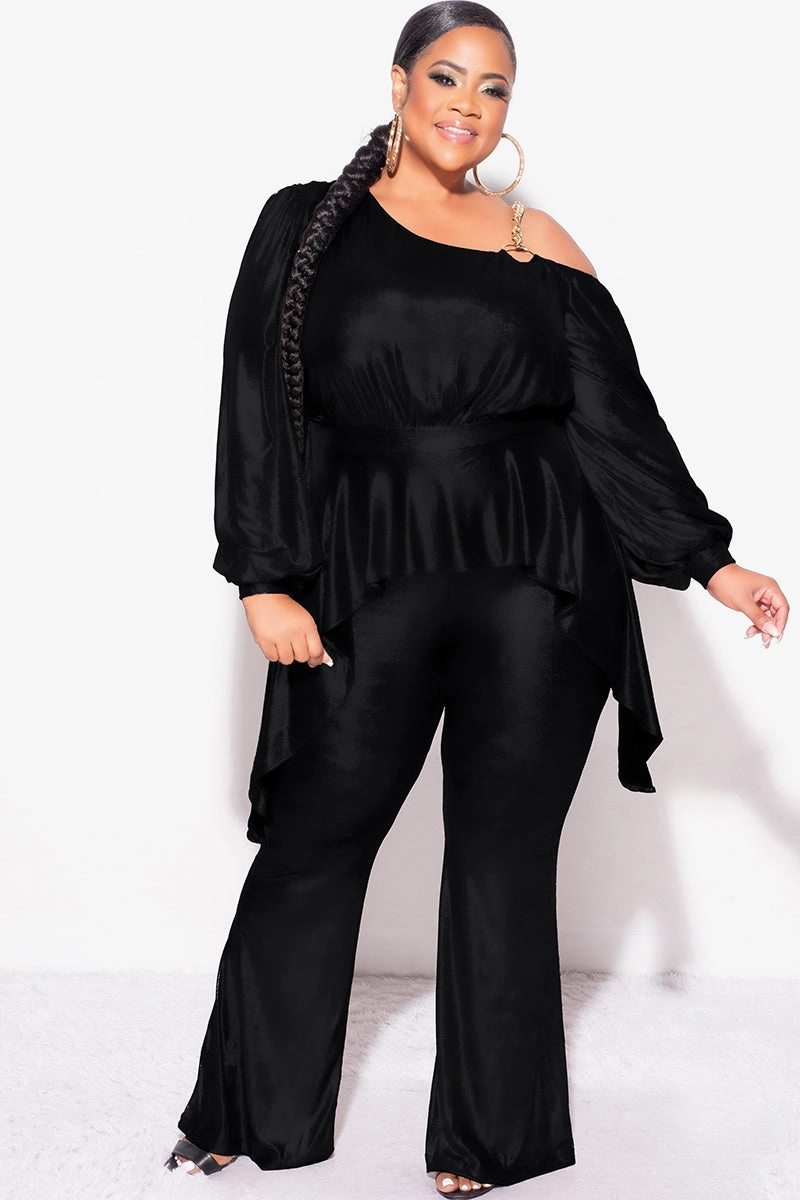 Comfortable and stylish Anti Perspiration Lining Final Sale Plus Size Cold Shoulder with Gold Chain & Asymmetrical Ruffle Peplum Jumpsuit in Black