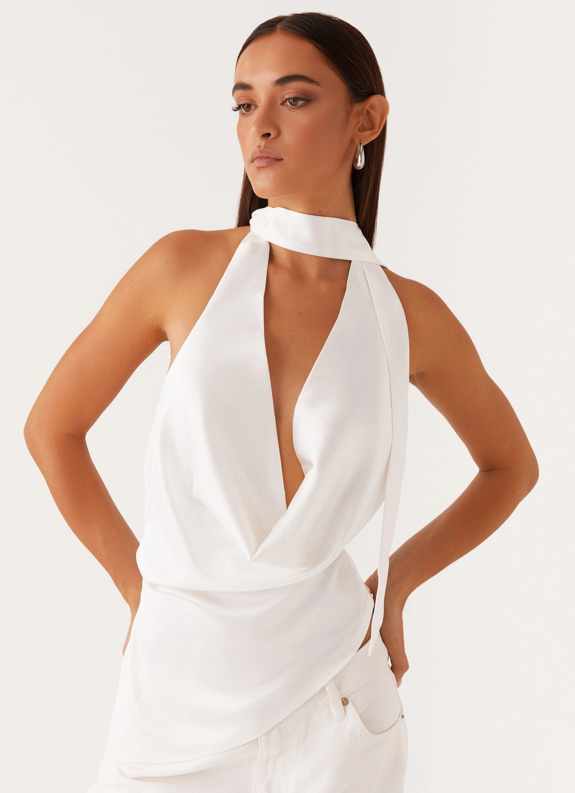 Nina Halterneck Scarf Top - White Reinforced Seams