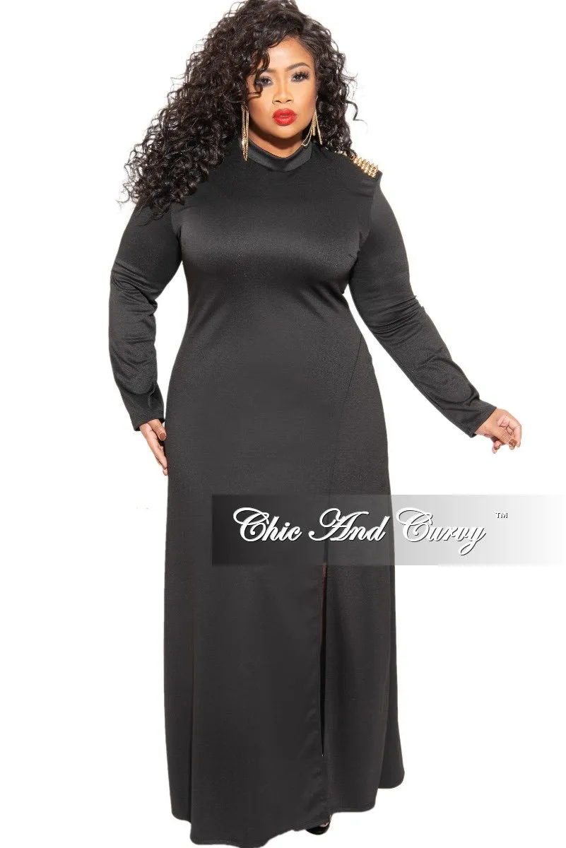 Casual Essentials Final Sale Plus Size Dress with Spiked Shoulder Applique and Front Side Slit in Black