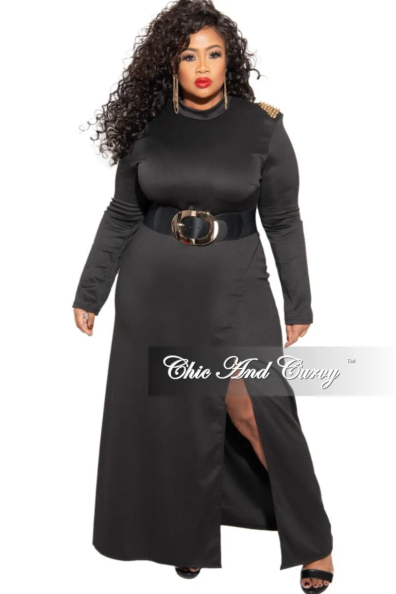 Final Sale Plus Size Dress with Spiked Shoulder Applique and Front Side Slit in Black NonRestrictiveFit Modular Attachment