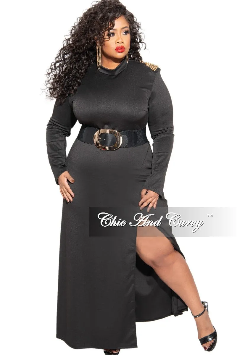 AbrasionGuardTape All Day Wear Comfort Final Sale Plus Size Dress with Spiked Shoulder Applique and Front Side Slit in Black