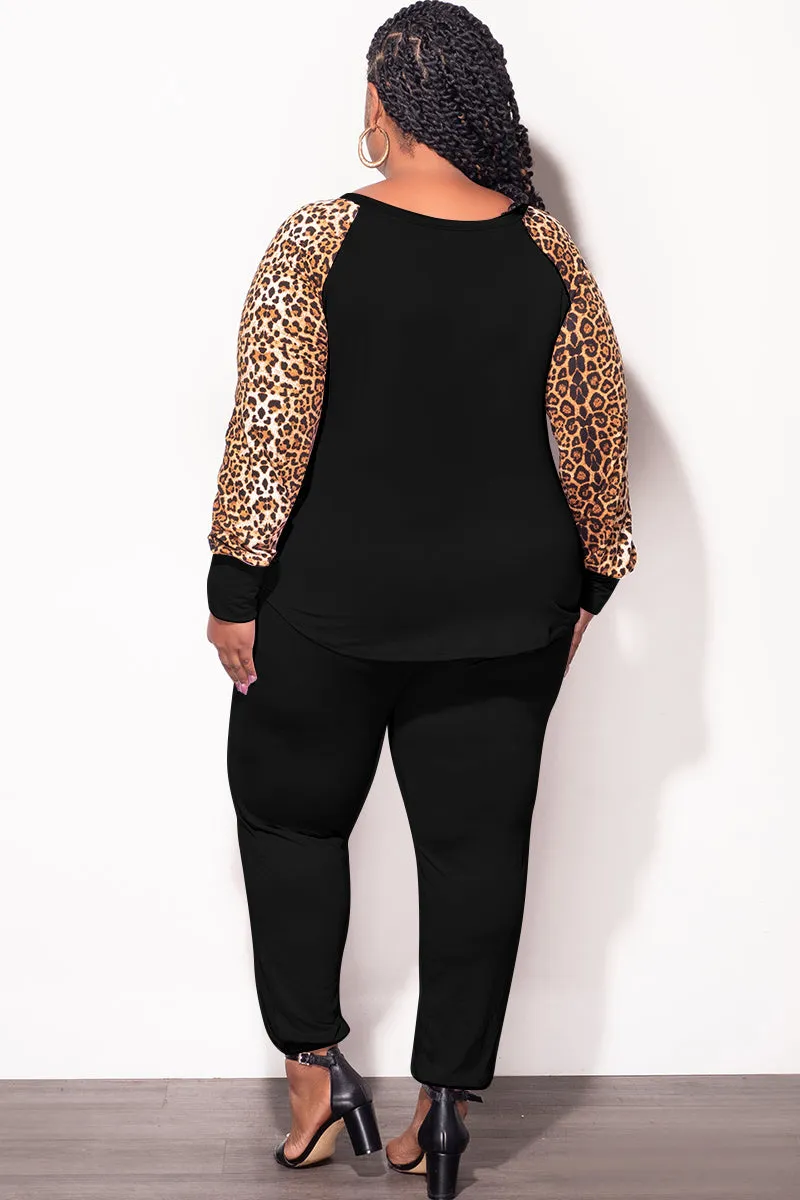 Final Sale Plus Size 2-pc Pants Set in Black & Animal Print SoftCottonBlend Core Fit Design