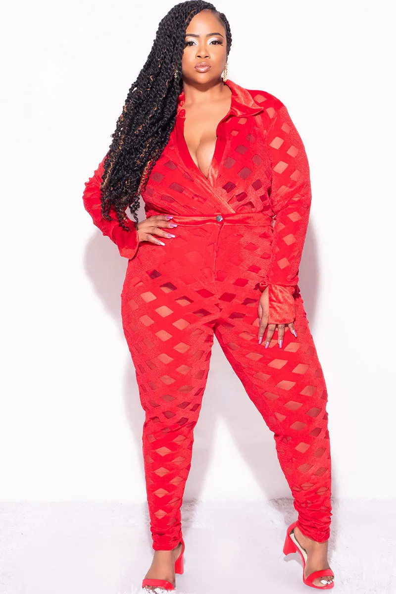 All-Purpose Comfort Final Sale Plus Size 2Pc Velvet Pants & Long Sleeve Bodysuit in Red