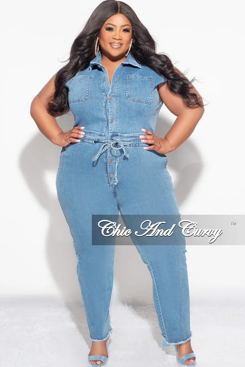 Chill Style Durable Fit Final Sale Plus Size Collar Button Up Jumpsuit in Denim