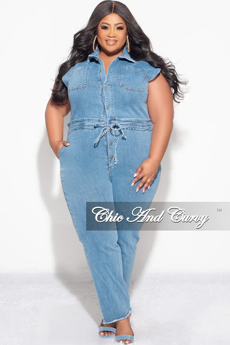 Perfect Fit Wear Final Sale Plus Size Collar Button Up Jumpsuit in Denim