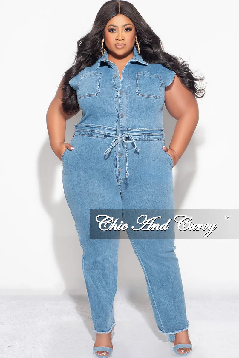 Stretch Ready Final Sale Plus Size Collar Button Up Jumpsuit in Denim
