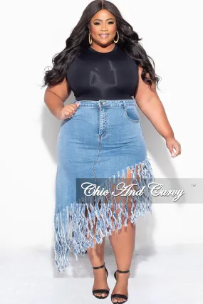Final Sale Plus Size Fringe Asymmetric Skirt in Denim StainResistantCoating Trendy Waist
