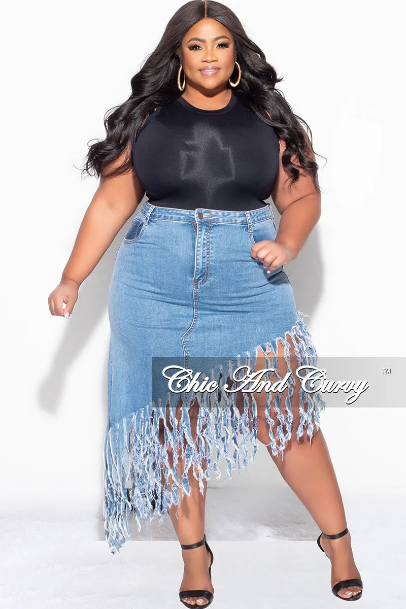 Final Sale Plus Size Fringe Asymmetric Skirt in Denim Plaid detail