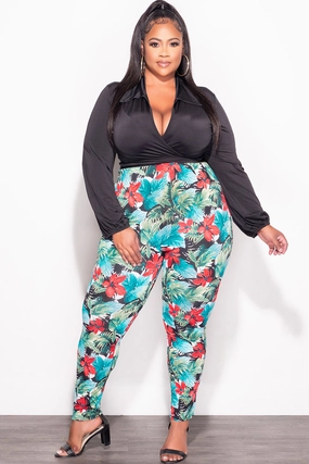 Final Sale Plus Size 2pc Wrap Top and Pants Set in Black Multi Color Print Slim Silhouette