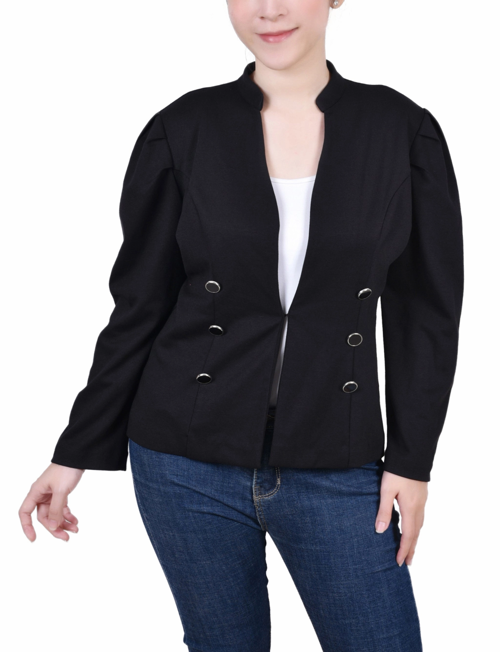 Long Puff-Sleeve Ponte Jacket ribbed texture