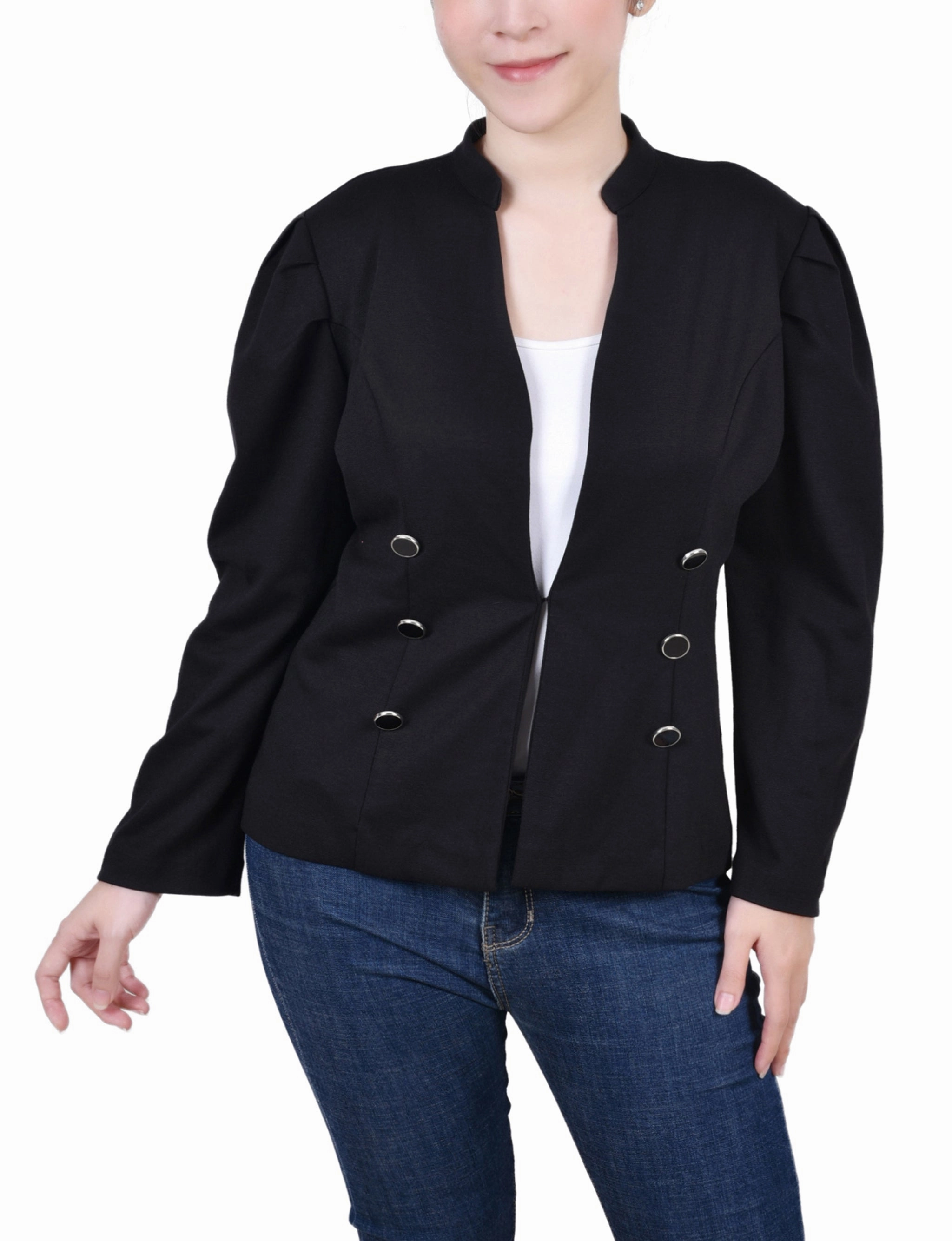Long Puff-Sleeve Ponte Jacket Comfortable Design