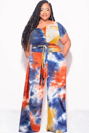 Quick Adjust Fit Final Sale Plus Size 2pc Short Sleeve Tie Top and Pants Set in Rust Navy and Mustard Tie Dye Print