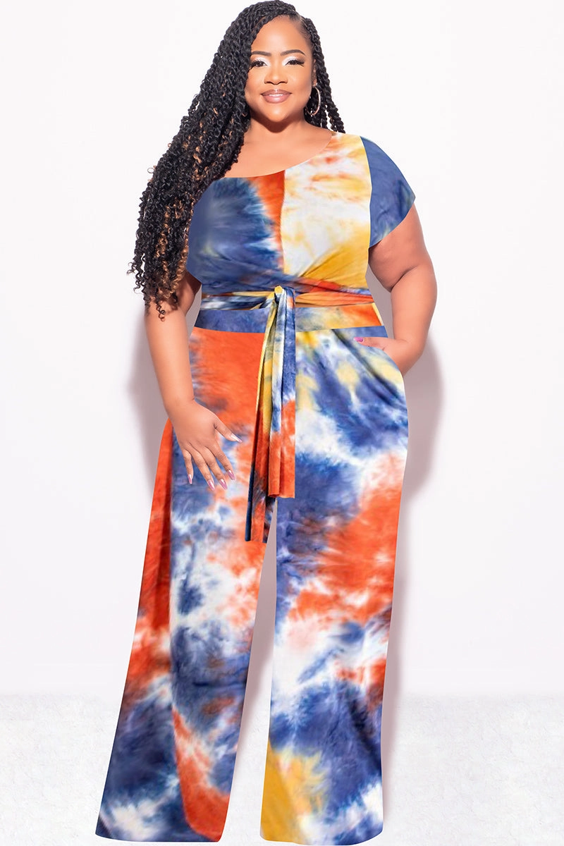 Final Sale Plus Size 2pc Short Sleeve Tie Top and Pants Set in Rust Navy and Mustard Tie Dye Print Practical Wear AntiStaticLining