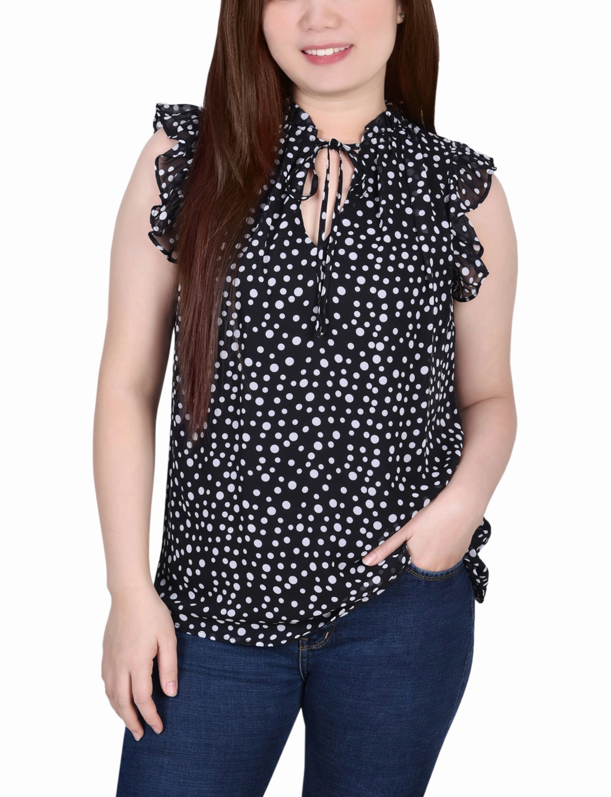 Sweat Absorbing Lining Ruffled Sleeve Blouse With Tie Closure