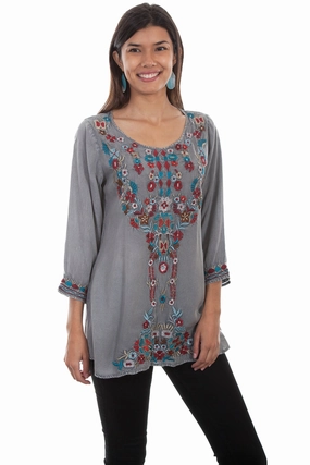 Scully Womens Gray 100% Viscose Bold Floral S/S Blouse Solid Color