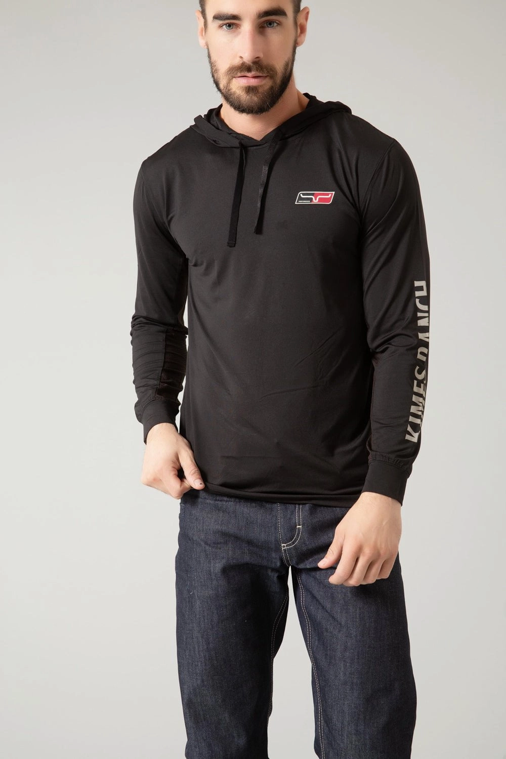 Kimes Ranch Mens Ninja Hood Tech Tee Black Poly/Spandex L/S T-Shirt Everyday Layering Sleek Fit